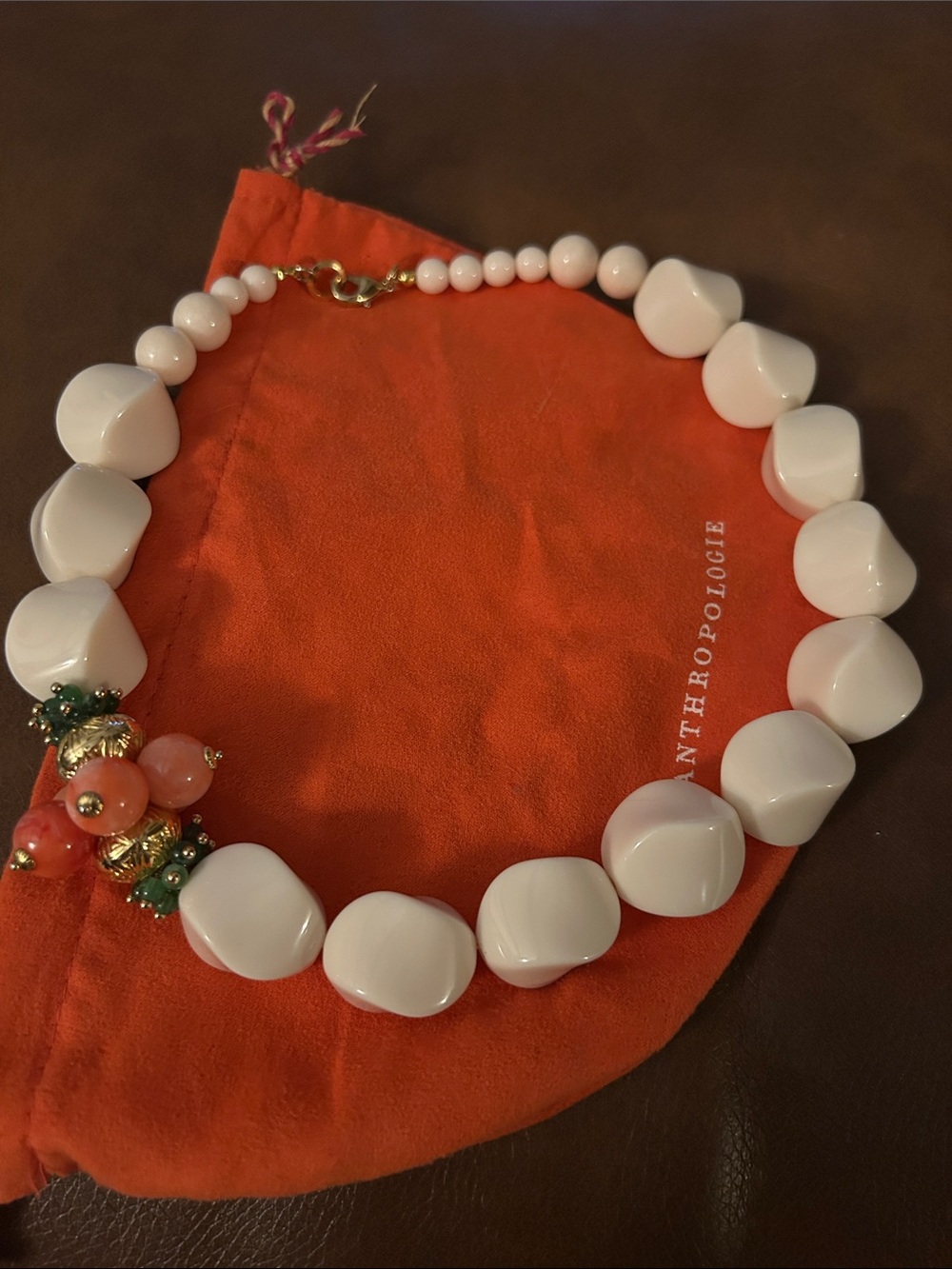 Anthropologie  vintage White Chunky Beaded Necklace with Coral and Green Accents